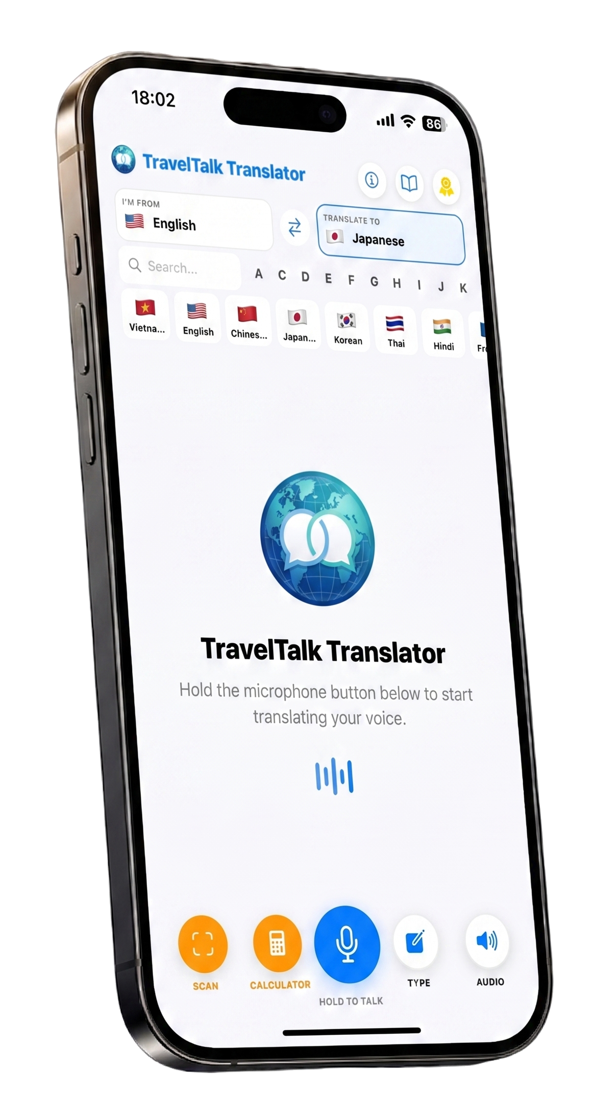 TraveTalk translator app on iPhone